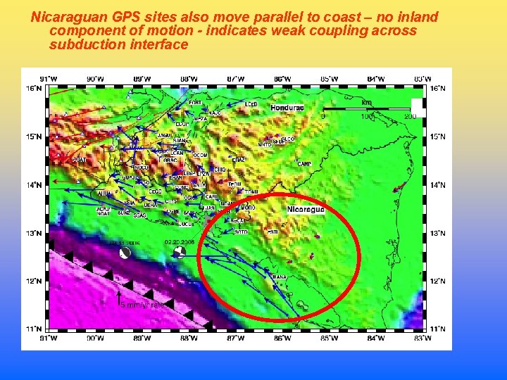 Nicaraguan GPS sites also move parallel to coast – no inland component of motion