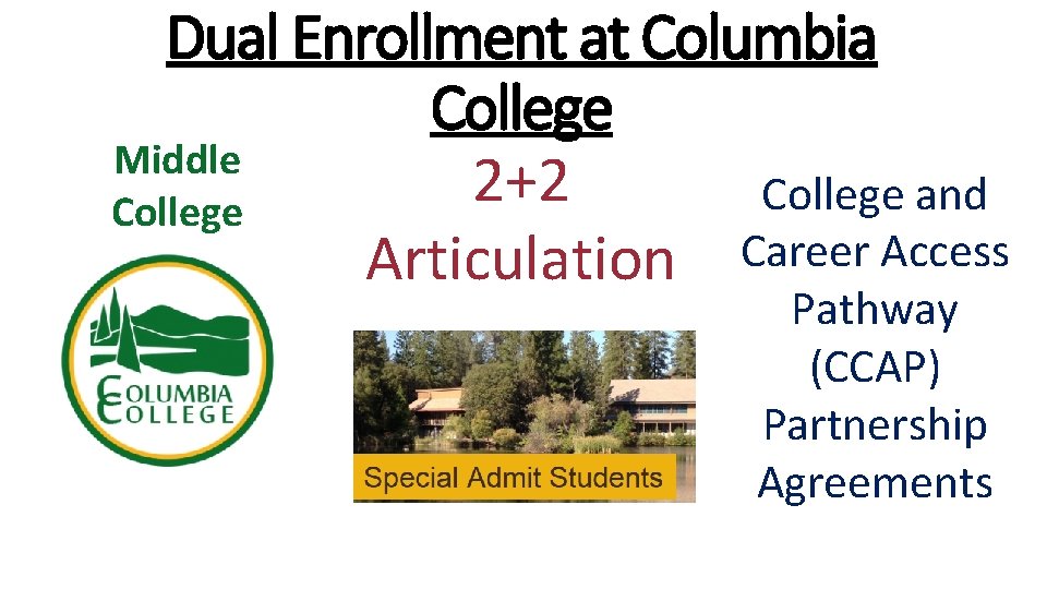 Dual Enrollment at Columbia College Middle 2+2 College and College Articulation Career Access Pathway