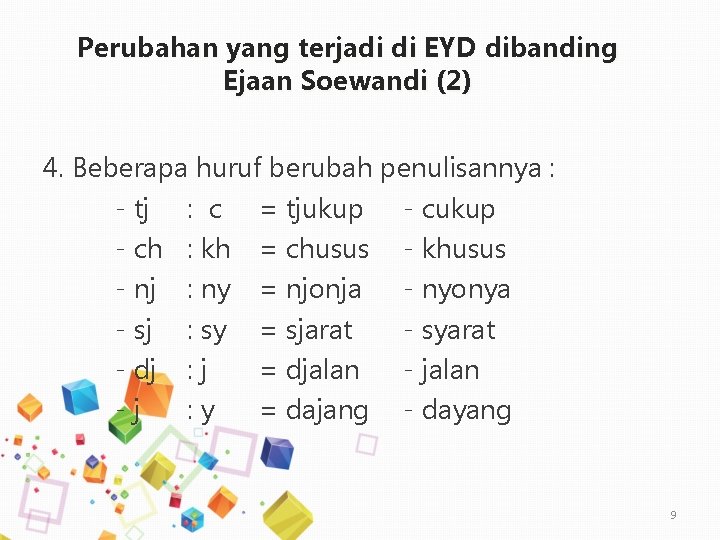 Perubahan yang terjadi di EYD dibanding Ejaan Soewandi (2) 4. Beberapa huruf berubah penulisannya
