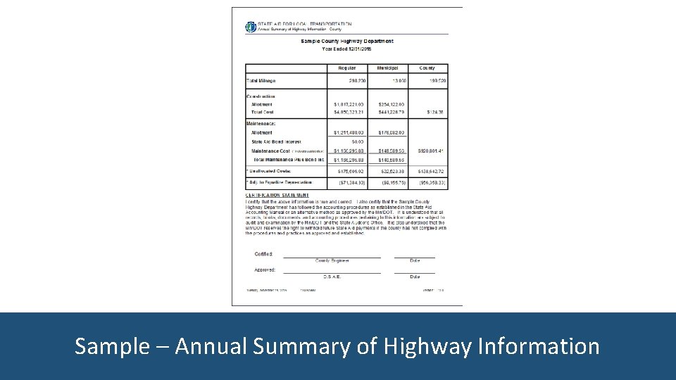 Sample – Annual Summary of Highway Information 