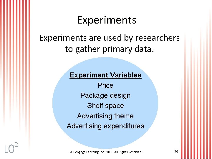 Experiments are used by researchers to gather primary data. Experiment Variables Price Package design