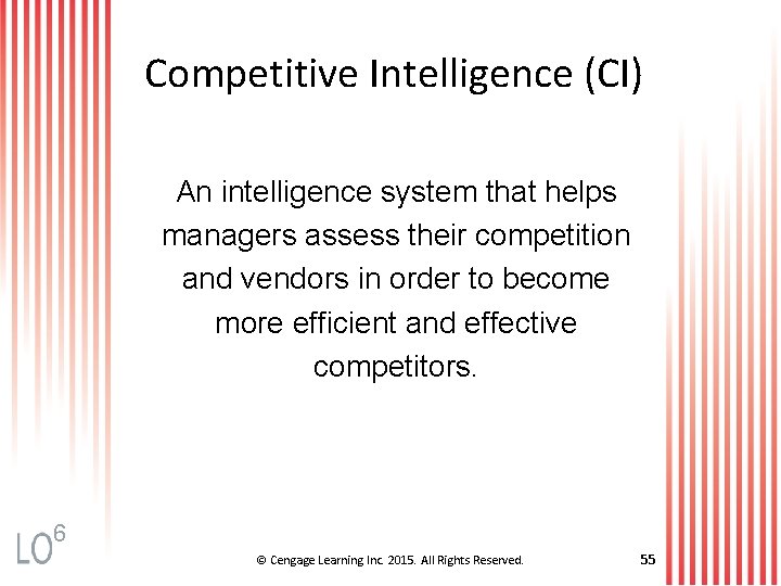 Competitive Intelligence (CI) An intelligence system that helps managers assess their competition and vendors