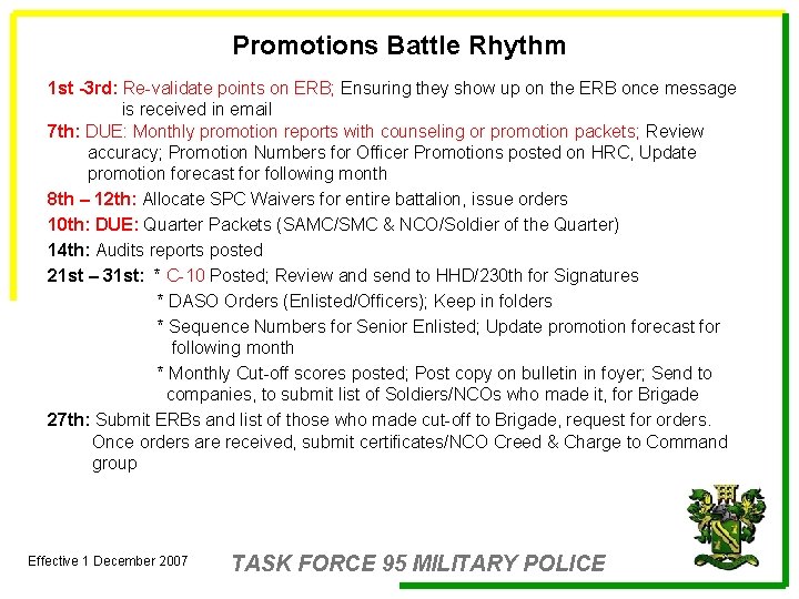 Promotions Battle Rhythm 1 st -3 rd: Re-validate points on ERB; Ensuring they show