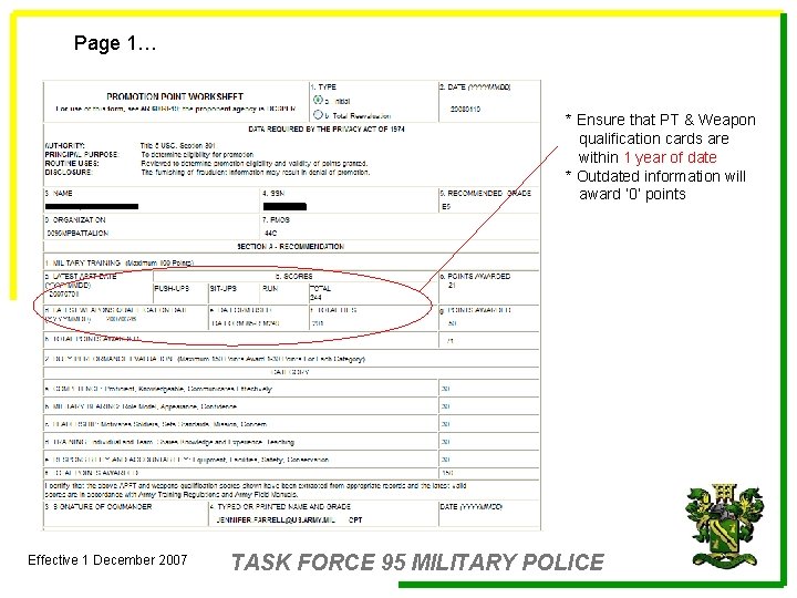 Page 1… * Ensure that PT & Weapon qualification cards are within 1 year