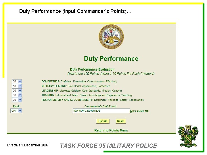Duty Performance (input Commander’s Points)… Effective 1 December 2007 TASK FORCE 95 MILITARY POLICE