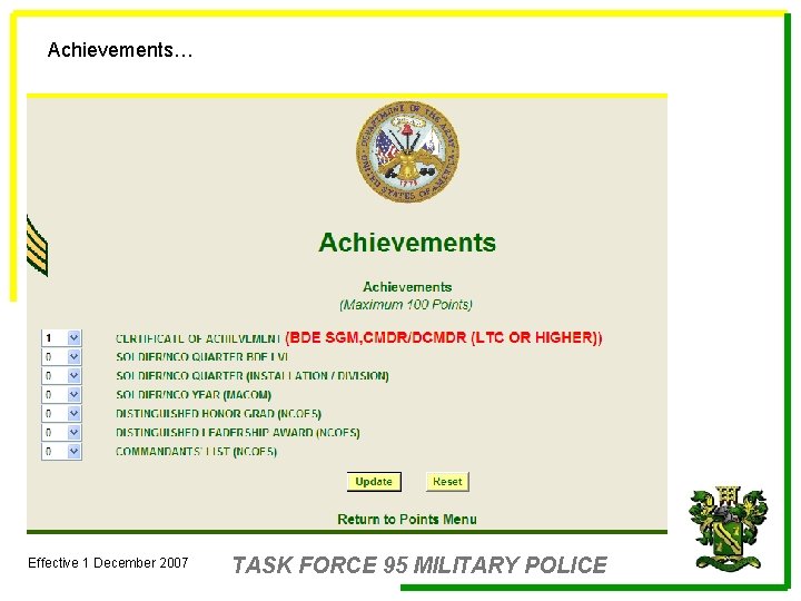 Achievements… Effective 1 December 2007 TASK FORCE 95 MILITARY POLICE 