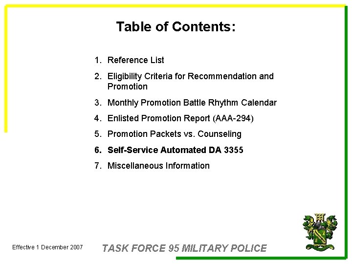 Table of Contents: 1. Reference List 2. Eligibility Criteria for Recommendation and Promotion 3.