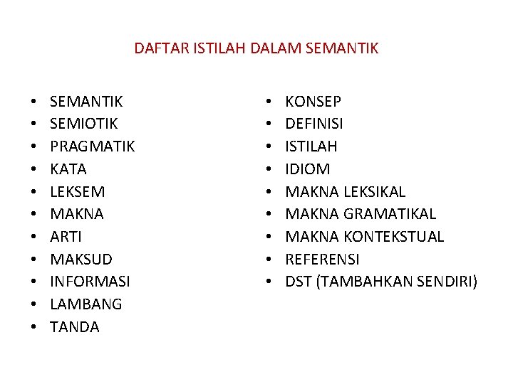 DAFTAR ISTILAH DALAM SEMANTIK • • • SEMANTIK SEMIOTIK PRAGMATIK KATA LEKSEM MAKNA ARTI