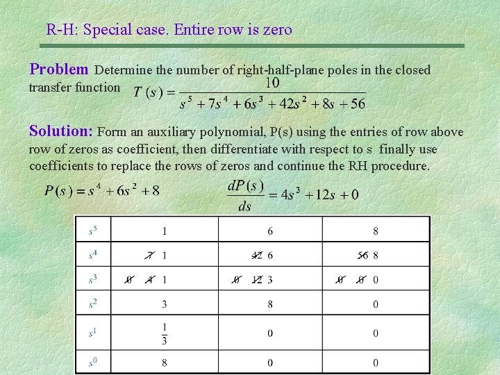 R-H: Special case. Entire row is zero Problem Determine the number of right-half-plane poles