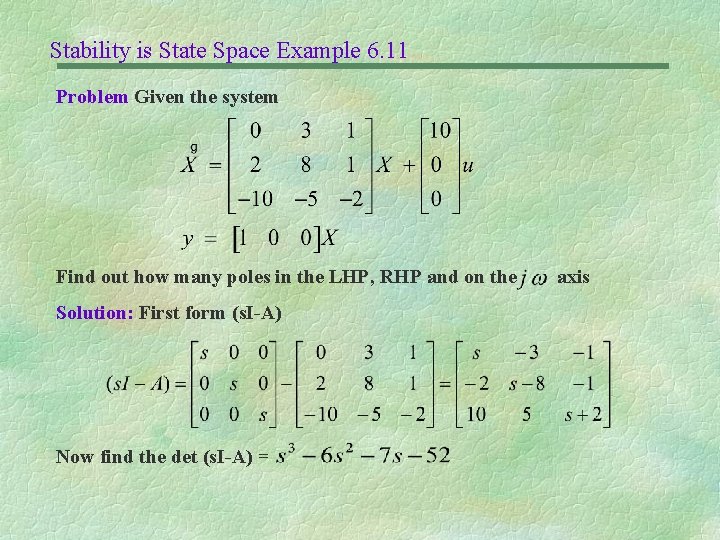 Stability is State Space Example 6. 11 Problem Given the system Find out how