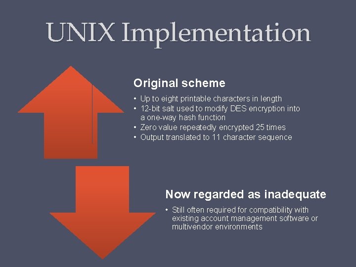 UNIX Implementation Original scheme • Up to eight printable characters in length • 12