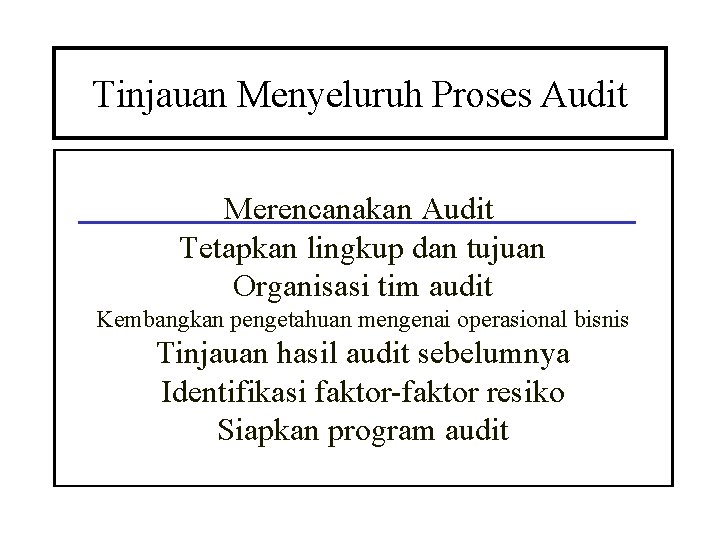 Tinjauan Menyeluruh Proses Audit Merencanakan Audit Tetapkan lingkup dan tujuan Organisasi tim audit Kembangkan
