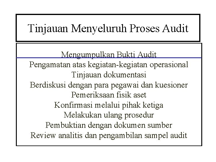 Tinjauan Menyeluruh Proses Audit Mengumpulkan Bukti Audit Pengamatan atas kegiatan-kegiatan operasional Tinjauan dokumentasi Berdiskusi