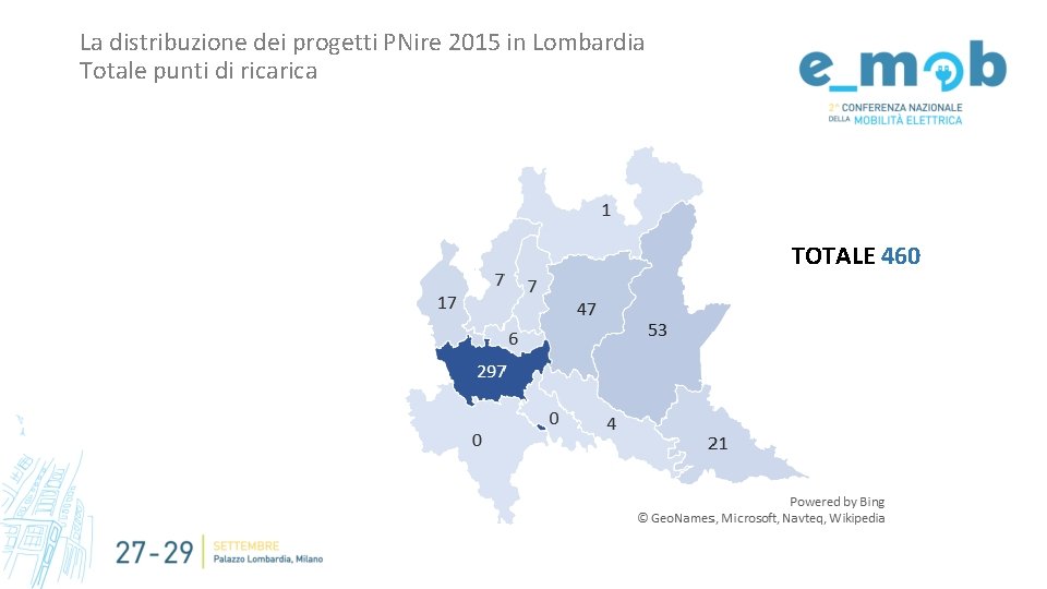 La distribuzione dei progetti PNire 2015 in Lombardia Totale punti di rica TOTALE 460