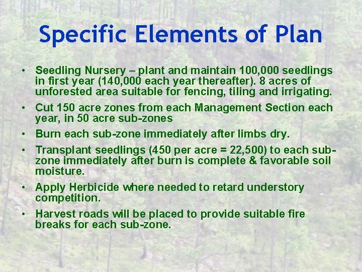 Specific Elements of Plan • Seedling Nursery – plant and maintain 100, 000 seedlings