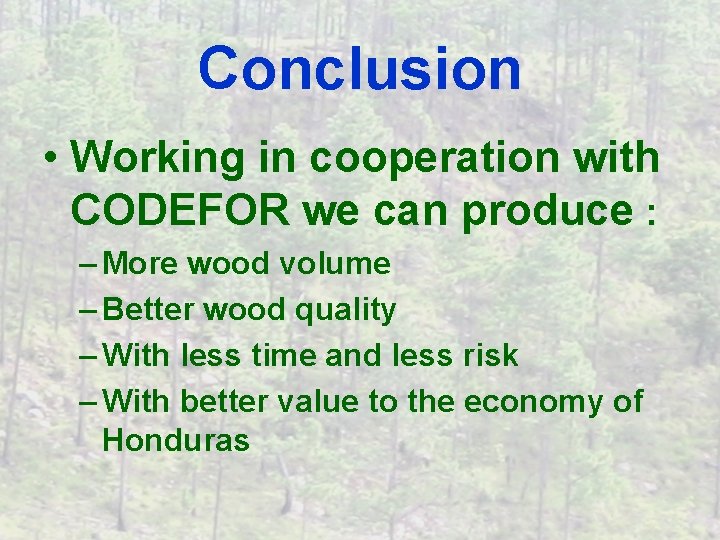 Conclusion • Working in cooperation with CODEFOR we can produce : – More wood