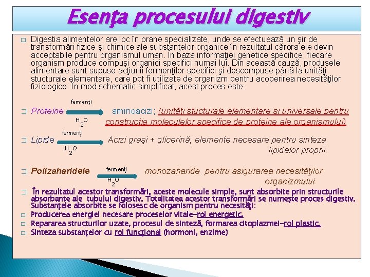 Esenţa procesului digestiv � Digestia alimentelor are loc în orane specializate, unde se efectuează