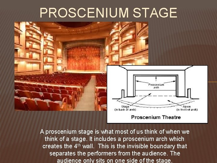 PROSCENIUM STAGE A proscenium stage is what most of us think of when we