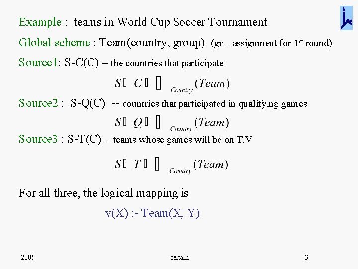 Example : teams in World Cup Soccer Tournament Global scheme : Team(country, group) (gr