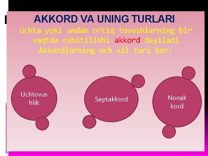 AKKORD VA UNING TURLARI. Uchta yoki undan ortiq tovushlarning bir vaqtda eshitilishi akkord deyiladi