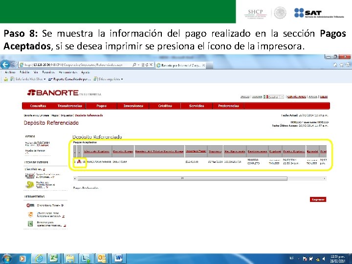 Paso 8: Se muestra la información del pago realizado en la sección Pagos Aceptados,