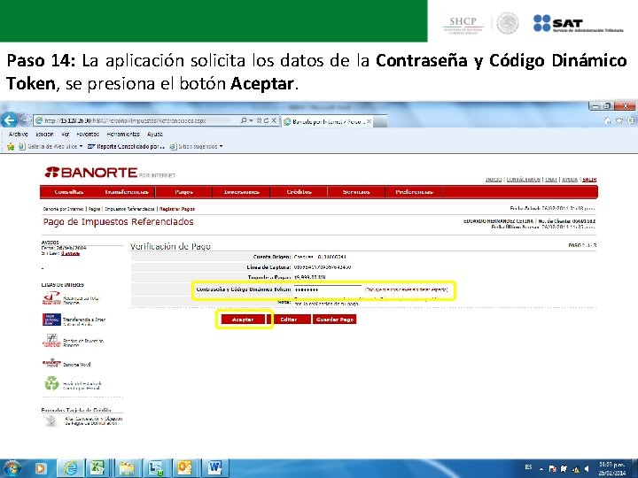 Paso 14: La aplicación solicita los datos de la Contraseña y Código Dinámico Token,