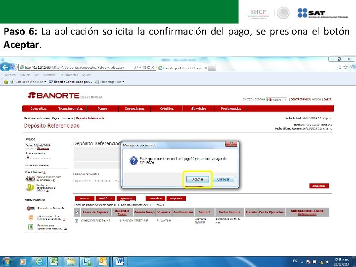 Paso 6: La aplicación solicita la confirmación del pago, se presiona el botón Aceptar.