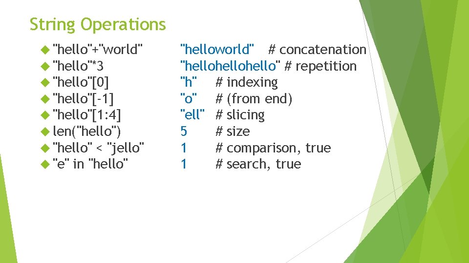 String Operations "hello"+"world" "hello"*3 "hello"[0] "hello"[-1] "hello"[1: 4] len("hello") "hello" < "jello" "e" in