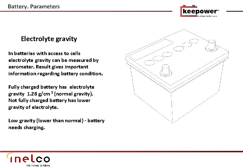Battery. Parameters Electrolyte gravity In batteries with access to cells electrolyte gravity can be