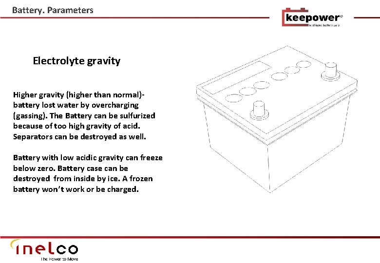 Battery. Parameters Electrolyte gravity Higher gravity (higher than normal)battery lost water by overcharging (gassing).