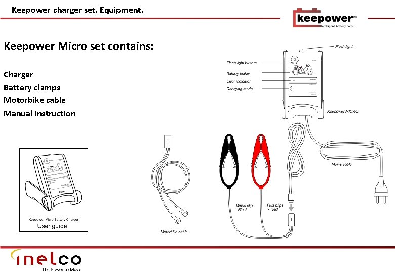 Keepower charger set. Equipment. Keepower Micro set contains: Charger Battery clamps Motorbike cable Manual