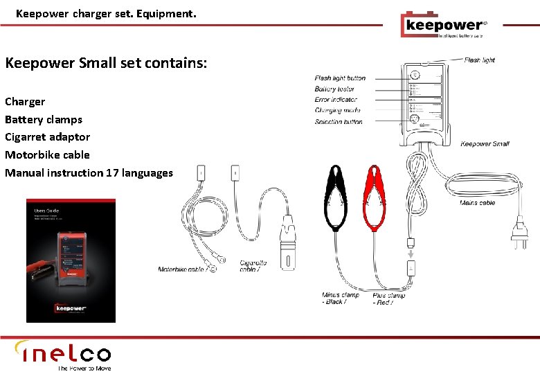 Keepower charger set. Equipment. Keepower Small set contains: Charger Battery clamps Cigarret adaptor Motorbike