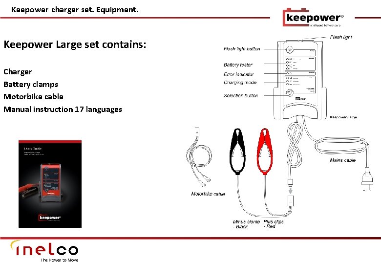 Keepower charger set. Equipment. Keepower Large set contains: Charger Battery clamps Motorbike cable Manual