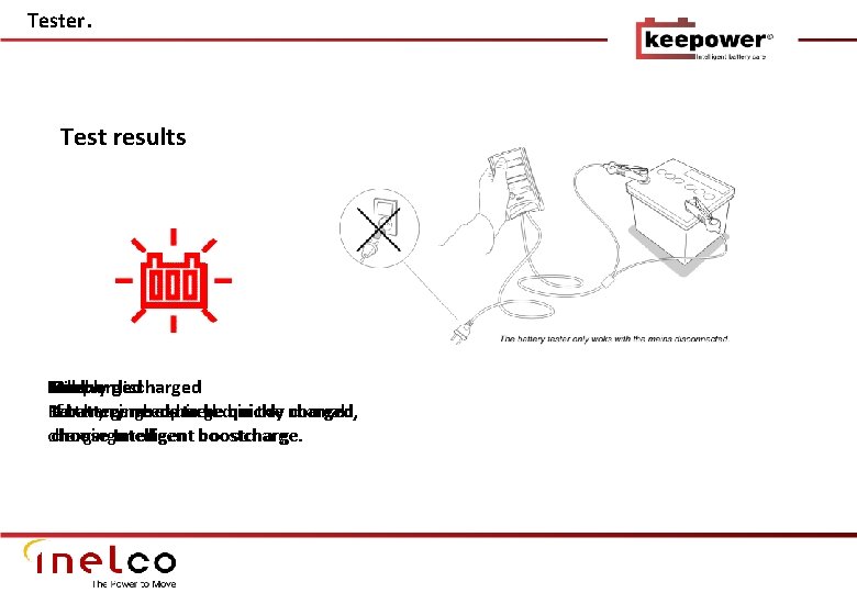 Tester. Test results Discharged Full Low Medium Deeply discharged Battery can be charged in