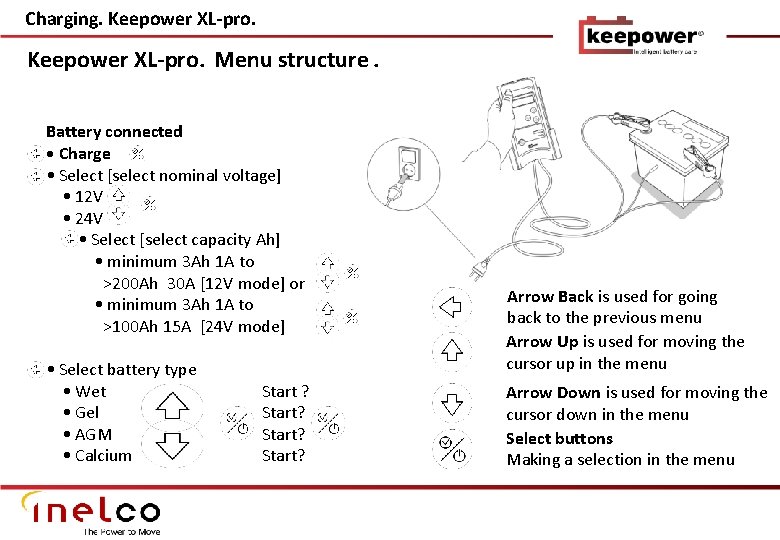 Charging. Keepower XL-pro. Menu structure. Battery connected • Charge • Select [select nominal voltage]