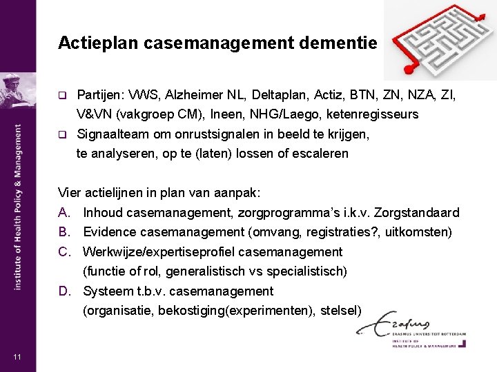 Actieplan casemanagement dementie q Partijen: VWS, Alzheimer NL, Deltaplan, Actiz, BTN, ZN, NZA, ZI,