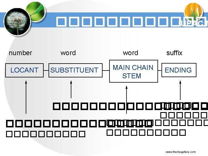 ������� IUPAC N ������ number LOCANT word SUBSTITUENT word MAIN CHAIN STEM suffix ENDING