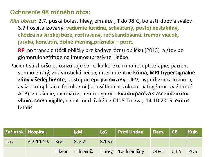 Ochorenie 48 ročného otca: Klin. obraz: 2. 7. puská bolesť hlavy, zimnica , T