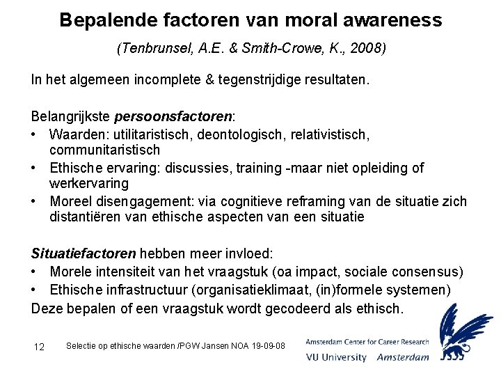 Bepalende factoren van moral awareness (Tenbrunsel, A. E. & Smith-Crowe, K. , 2008) In