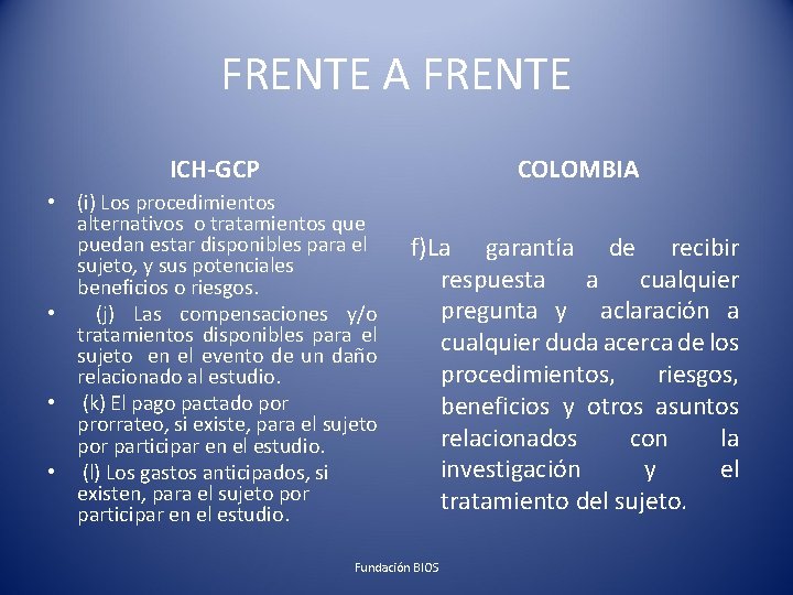 FRENTE A FRENTE ICH-GCP COLOMBIA • (i) Los procedimientos alternativos o tratamientos que puedan