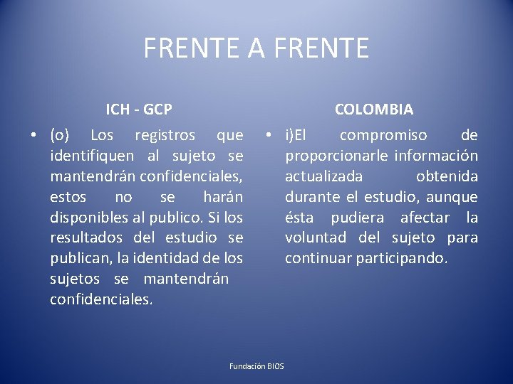 FRENTE A FRENTE ICH - GCP COLOMBIA • (o) Los registros que identifiquen al