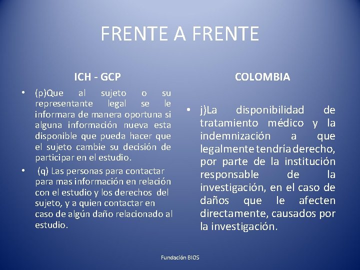 FRENTE A FRENTE ICH - GCP COLOMBIA • (p)Que al sujeto o su representante