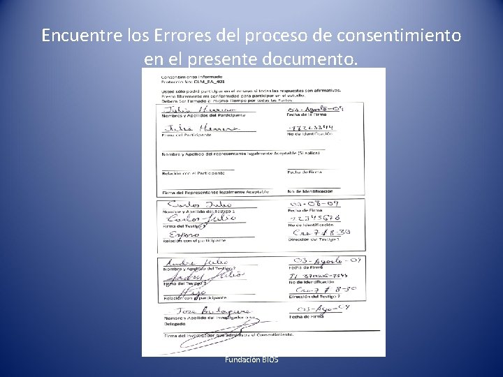 Encuentre los Errores del proceso de consentimiento en el presente documento. Fundación BIOS 