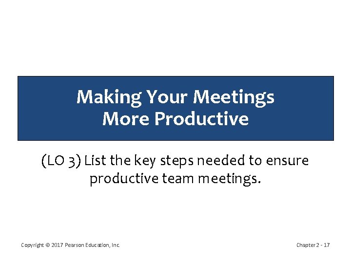 Making Your Meetings More Productive (LO 3) List the key steps needed to ensure