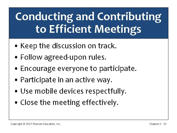 Conducting and Contributing to Efficient Meetings • Keep the discussion on track. • Follow