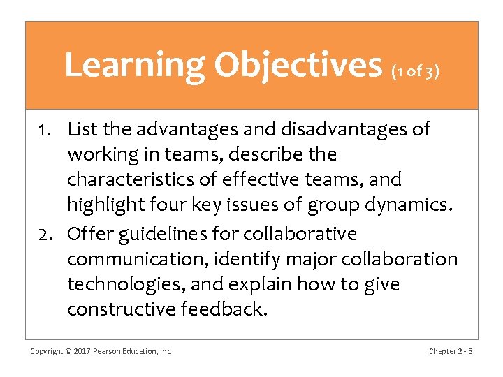 Learning Objectives (1 of 3) 1. List the advantages and disadvantages of working in