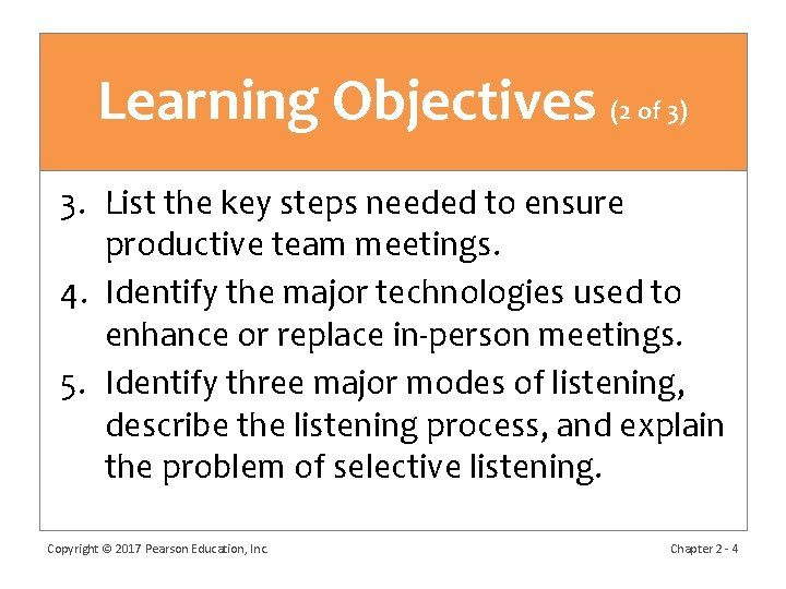 Learning Objectives (2 of 3) 3. List the key steps needed to ensure productive