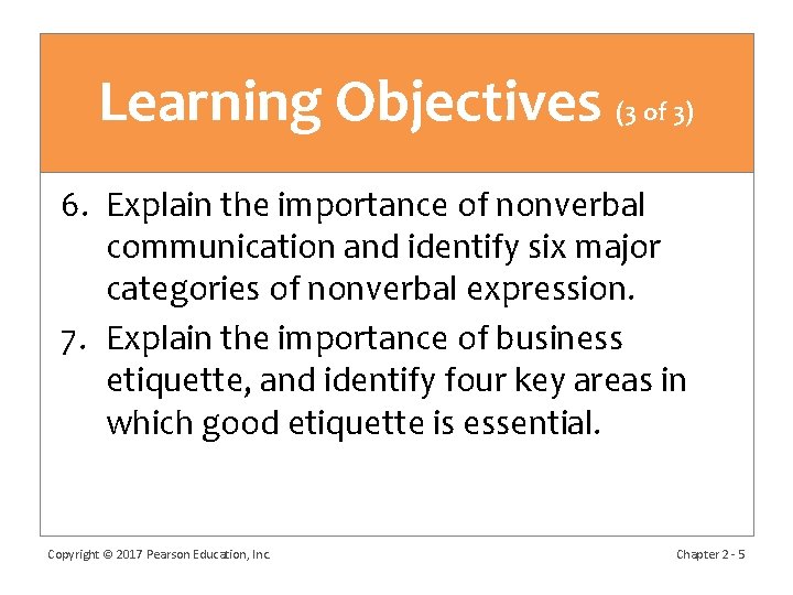 Learning Objectives (3 of 3) 6. Explain the importance of nonverbal communication and identify