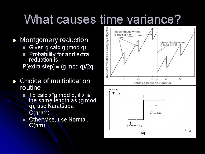 What causes time variance? l Montgomery reduction Given g calc g (mod q) l