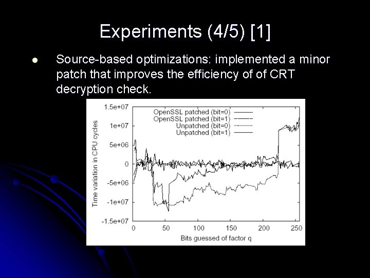 Experiments (4/5) [1] l Source-based optimizations: implemented a minor patch that improves the efficiency